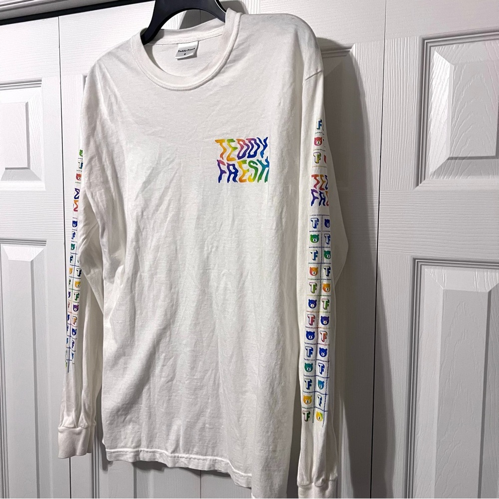 Teddy Fresh Long Sleeve Spellout Logo T Shirt White Rainbow Size medium - Picture 4 of 10